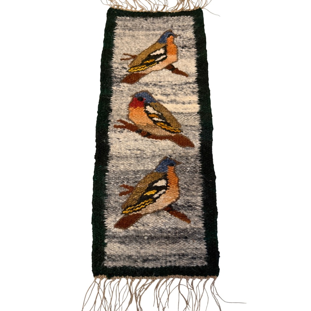Vintage Handwoven Wool Bird Tapestry Wall Hanging Rustic Boho Textile Art 22x9.5